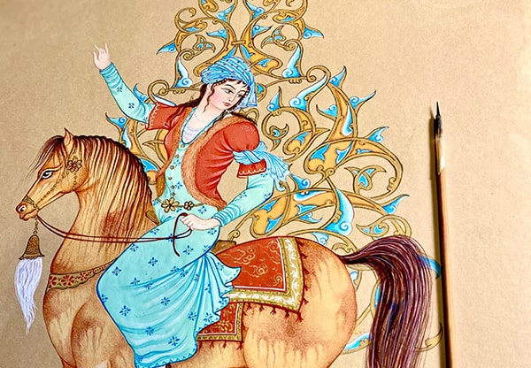 Persische Miniatur – Frau mit Pferd